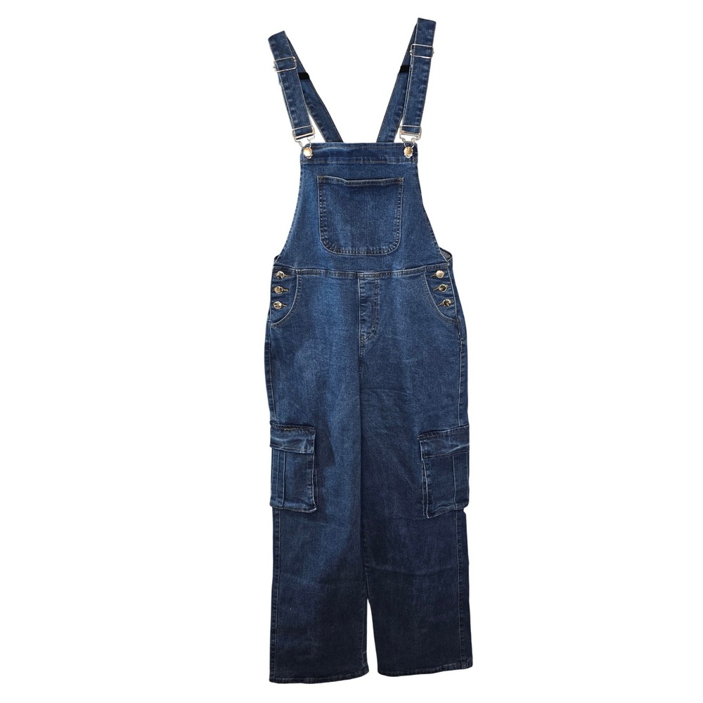 LA Girl Womens Denim Cargo Overalls Blue Medium Wash Straight‎ Leg Size L